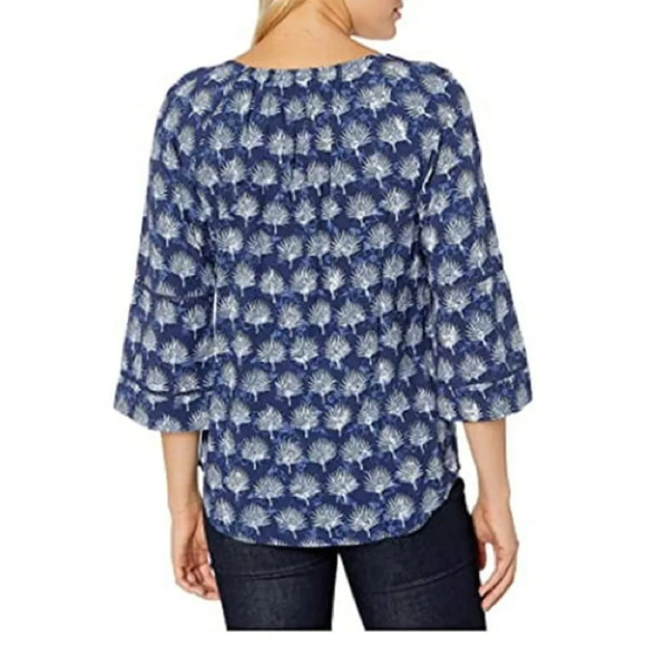 Tommy Bahama Fan Fair 3/4 Sleeve Rayon Blouse in Island Navy - Size Large - Picture 2 of 7